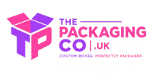 Modern pink and purple gradient logo featuring an open box icon shaped like the letters ‘T’ and ‘P’. Alongside the icon, the text reads ‘THE PACKAGING CO .UK’, with the tagline ‘CUSTOM BOXES. PERFECTLY PACKAGED.’ displayed underneath.